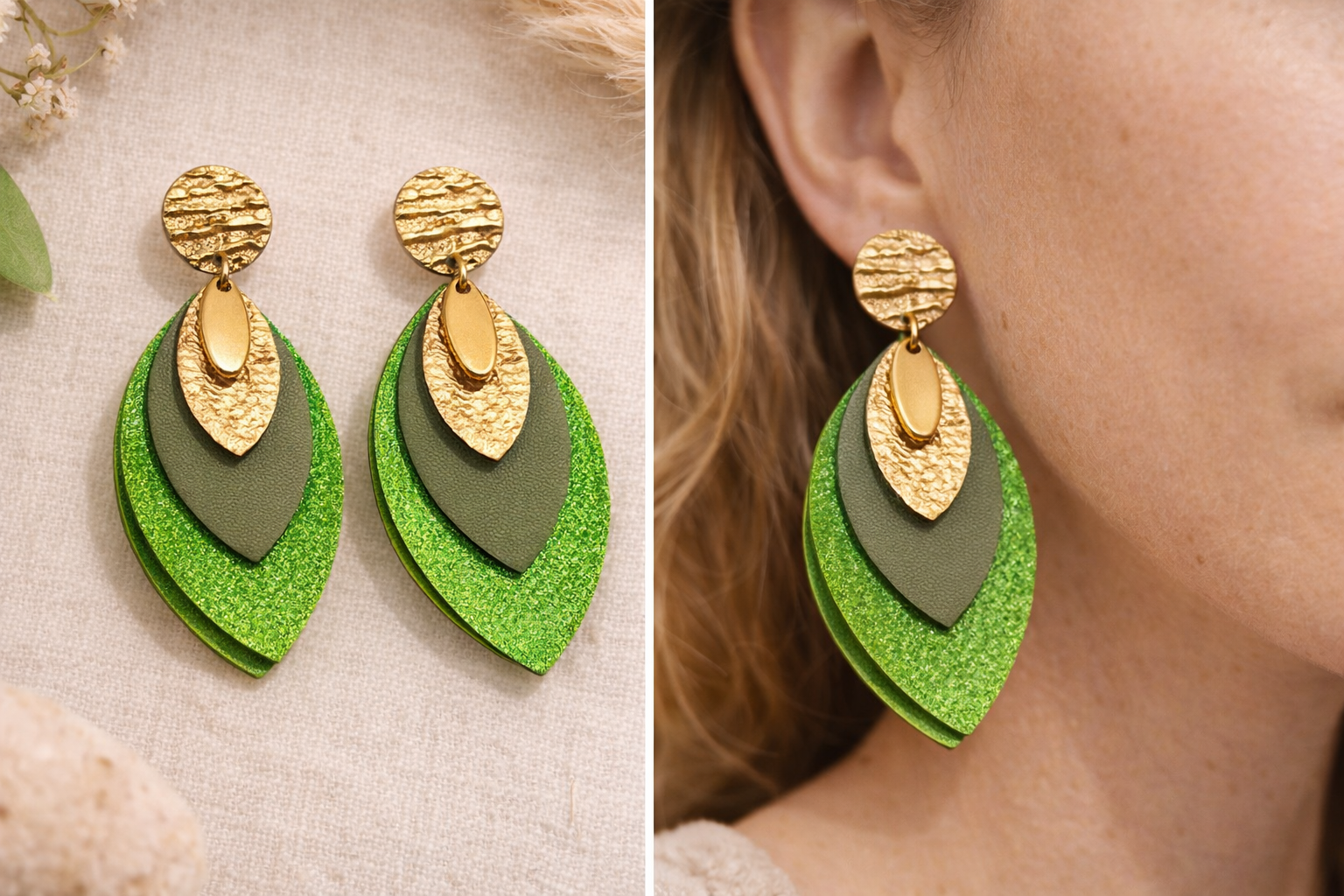 Boucles d’oreilles feuilles cuirs verts