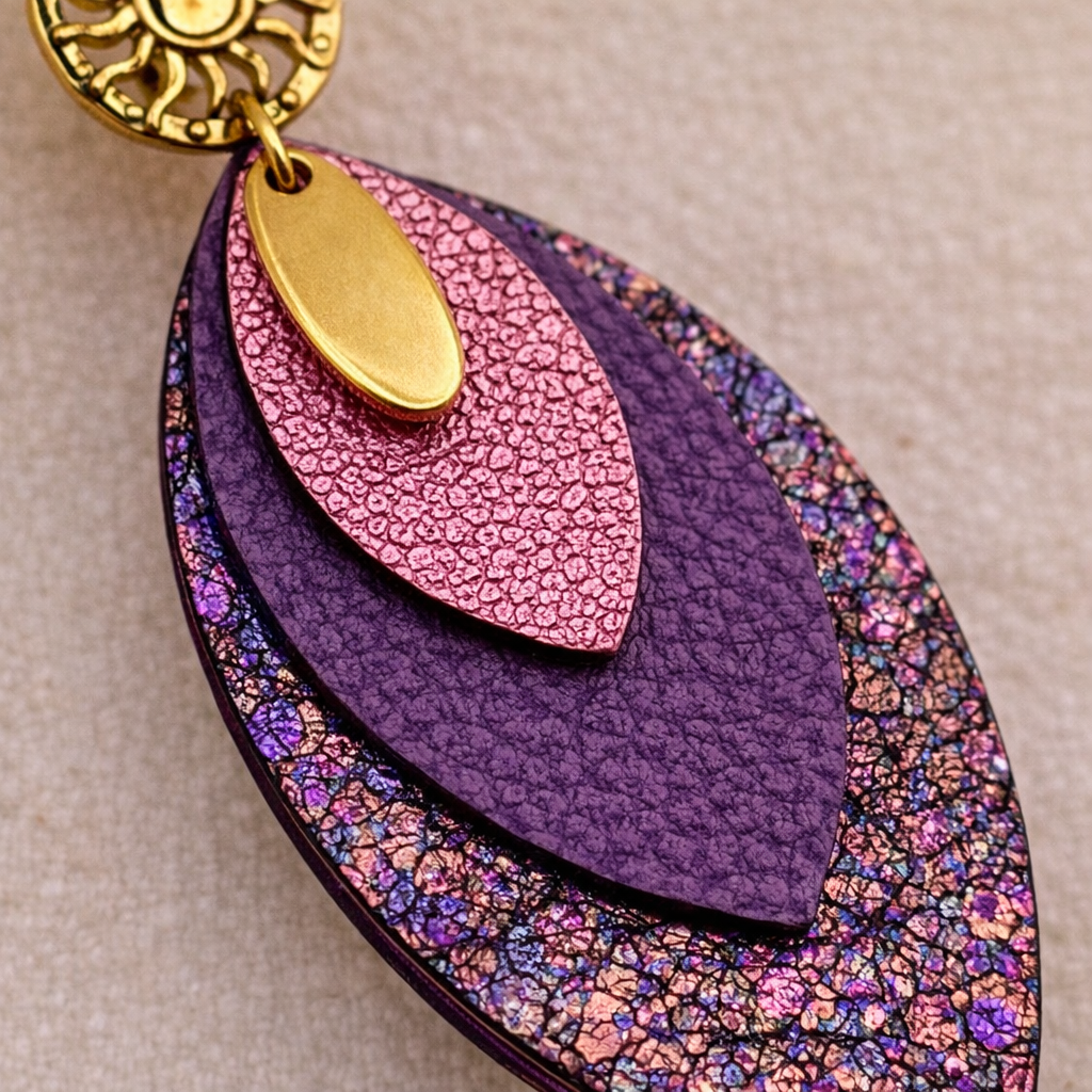 Boucles d’oreilles feuilles cuirs violets