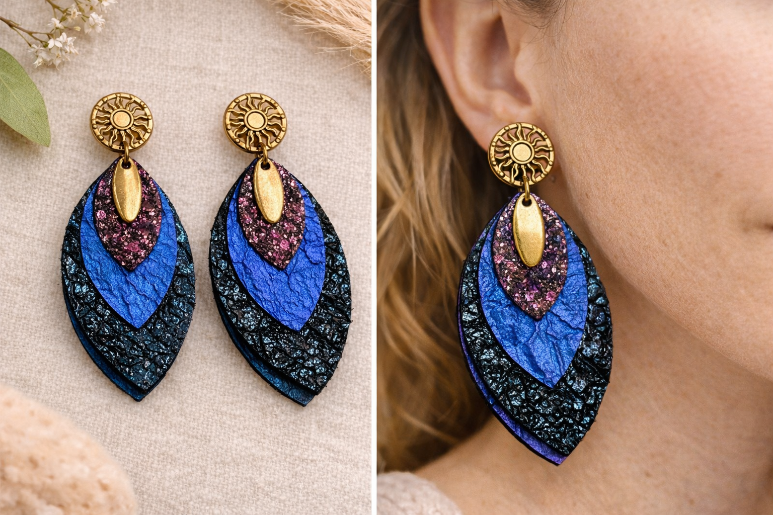 Boucles d’oreilles feuilles cuirs bleus