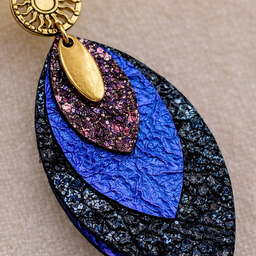 Boucles d’oreilles feuilles cuirs bleus