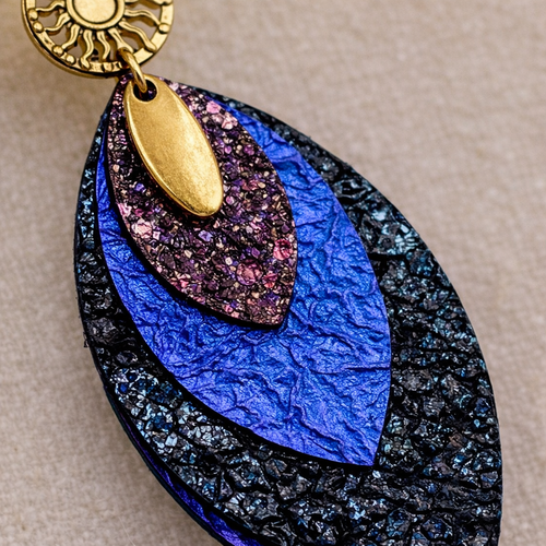 Boucles d’oreilles feuilles cuirs bleus