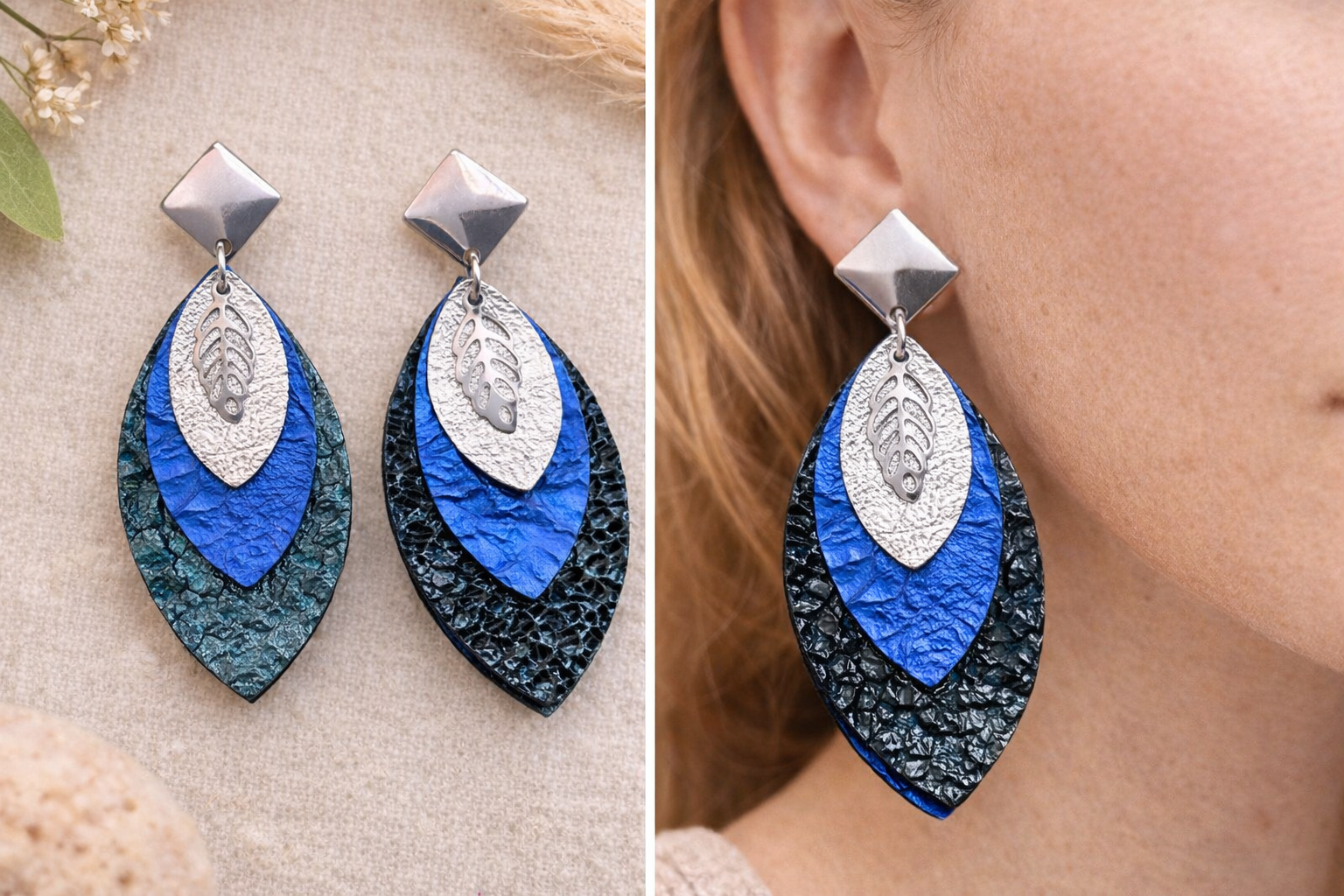 Boucles d’oreilles feuilles cuirs bleus monture argentée