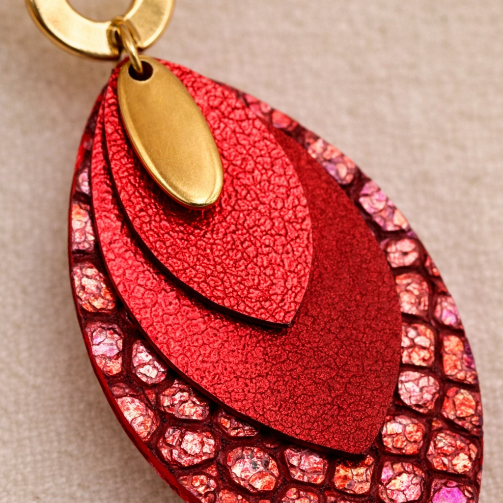 Boucles d’oreilles feuilles cuirs rose/bordeau